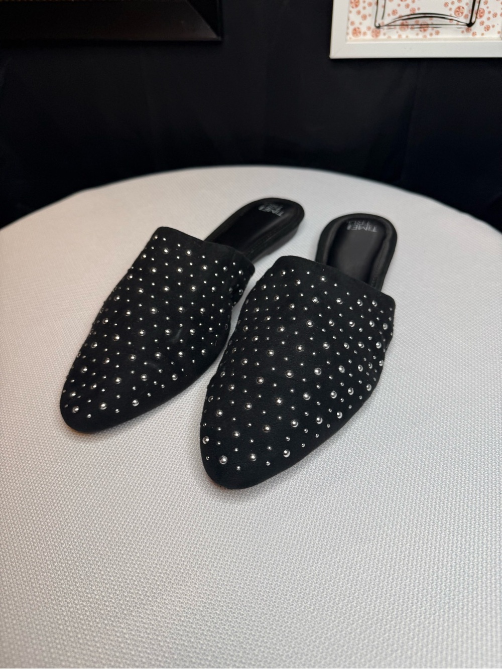 Time and Tru Black Studded Slip-On Mules